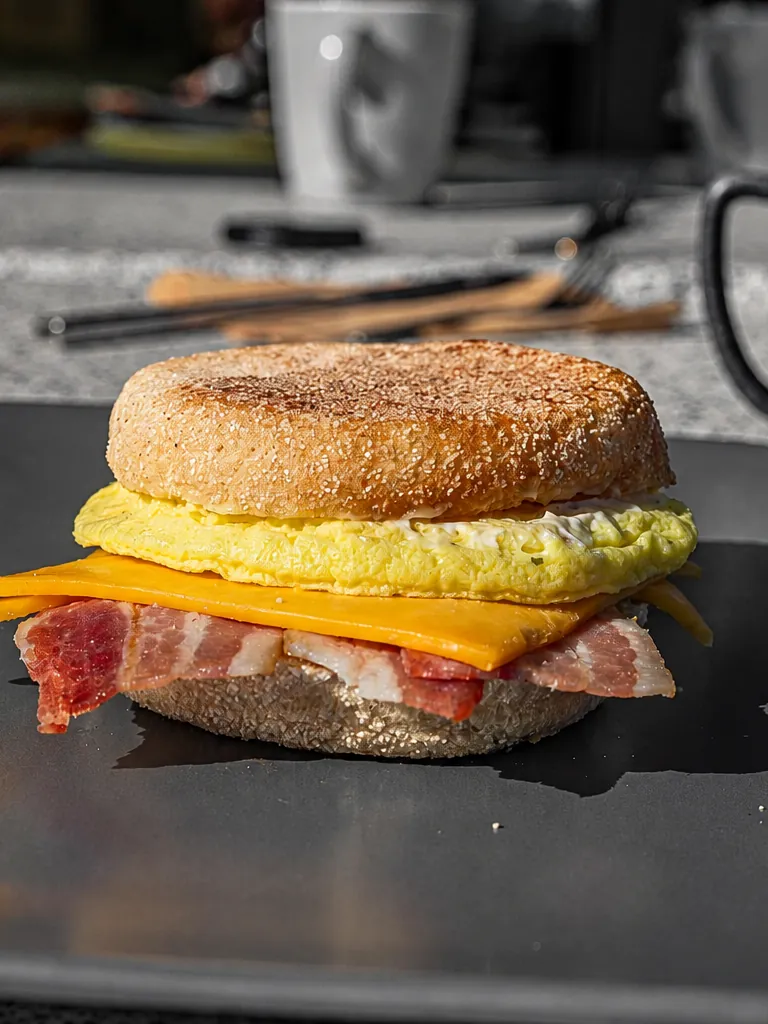 An English muffin breakfast sandwich on a black plate